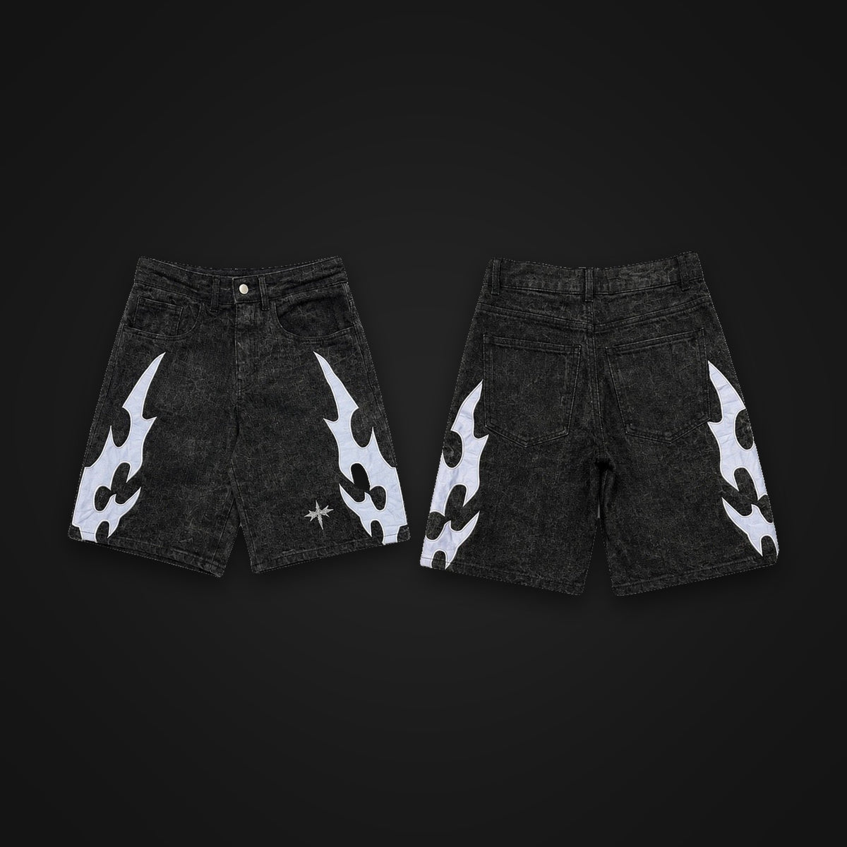 Retrospect Blue Flame Jorts front and back